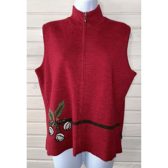 VTG Woolrich Sz MEDIUM Red Full Zip Sleeveless Cardigan Sweater Vest Holly EUC - Picture 2 of 9
